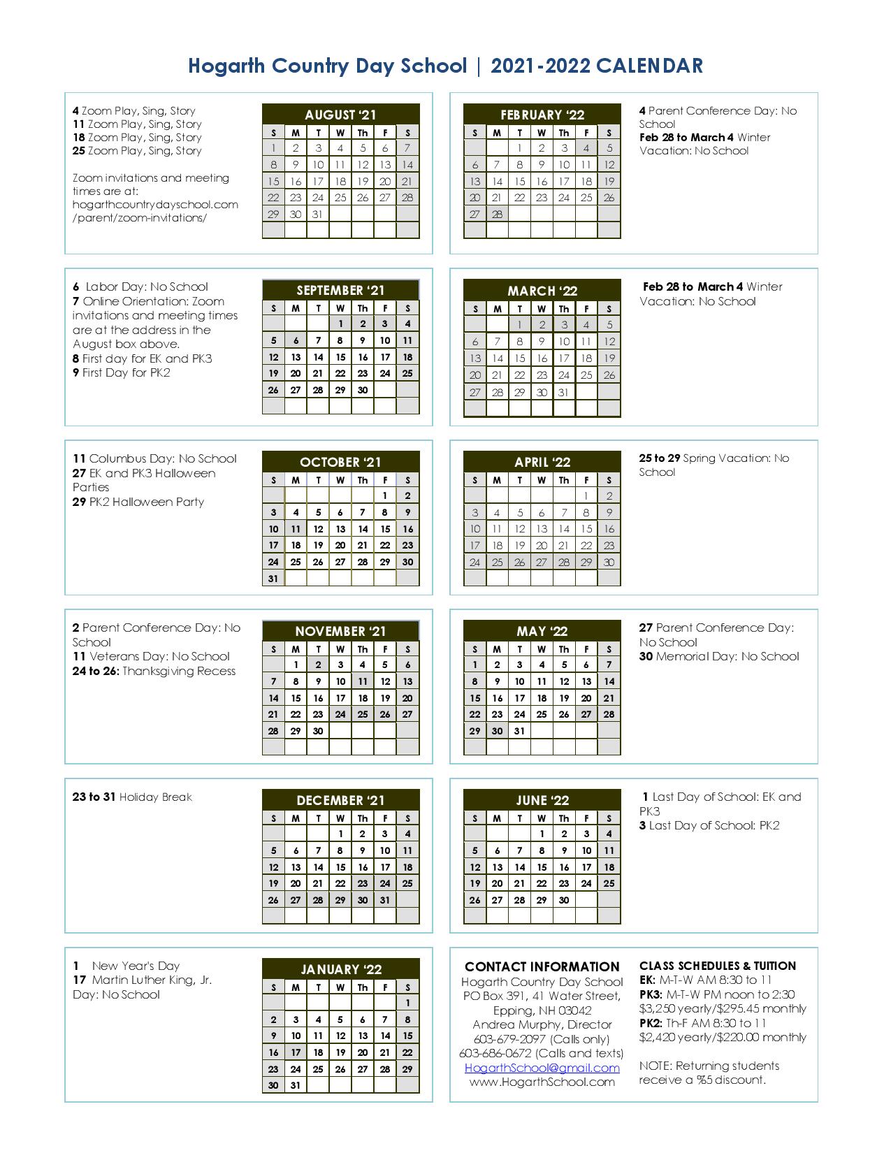 Current Academic Calendar Hogarth Country Day School